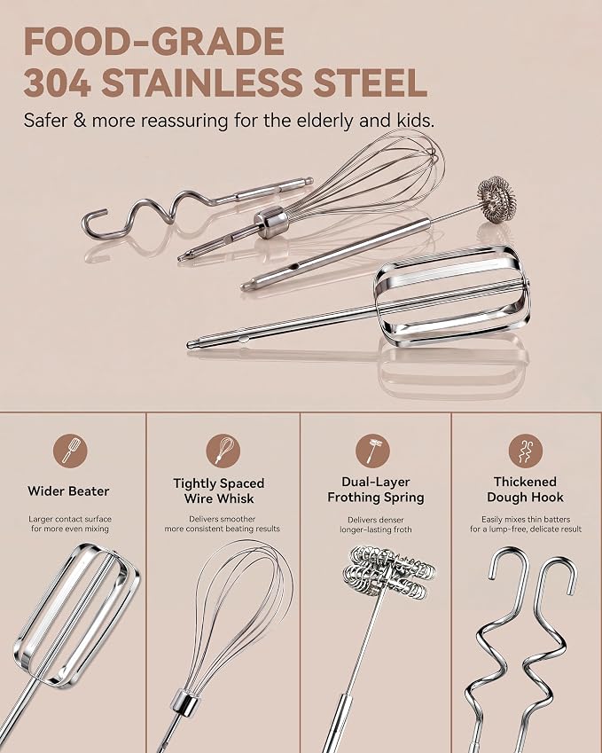 Master 4-in-1 Electric Hand Mixer with Turbo Boost, Stainless Steel Whisk, Beaters, Dough Hooks & Milk Frother, Lightweight Handheld Mixer for Baking & Coffee, Champagne Gold