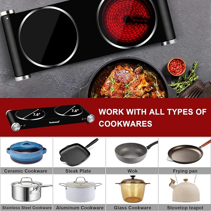 Hot Plate, Techwood 1800W Dual Electric Stove, Countertop Stove Double Burner for Cooking, Infrared Ceramic Hot Plates Double Cooktop, Brushed Stainless Steel Easy to Clean Upgraded Version, Black