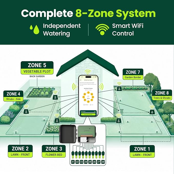 8-Zone WiFi Smart Sprinkler Controller, Indoor or Outdoor Install, IP54 Weather Resistant, App Based Irrigation Timer, Rain Aware Auto Skip, No Required Subscription, Sensor Ready