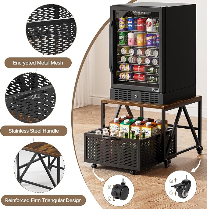 Urban Deco Mini Fridge Stand with Storage,Heavy Duty Fridge Cart with Drawer Basket,Mini Refrigerator Table for 220LBS,Mobile Fridge Stand with Swivel Wheels for Dorm,Home,Brown(Frame with Wheels)