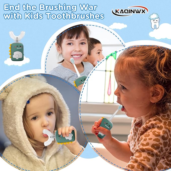 Kids U Shaped Electric Toothbrush for Age 2-12, Rechargeable Toddler Toothbrush with 60S Smart Timer, Dinosaur Design, IPX7 Waterproof & 360°Cleaning,Develop Kids' Brushing Habits