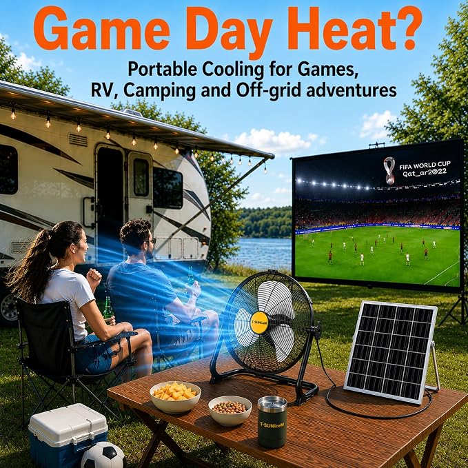 T-SUNiceM 16" Portable Battery Operated Solar Fan for Outdoor Indoor | 15600mAh Rechargeable Battery,25W Motor with Aluminum Blades,3.5H Fast Charging,360° Tilt Design,USB Type-C Output