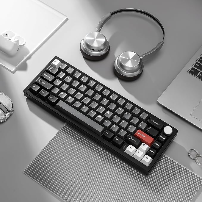 YUNZII AL68 Wireless Mechanical Keyboard,Full Aluminum CNC,60% Layout with Knob, QMK/VIA Software,Gasket Mounted,Hot Swappable,RGB Backlit,BT/2.4G/USB-C for Mac/Win (Black, Cocoa Cream V2)