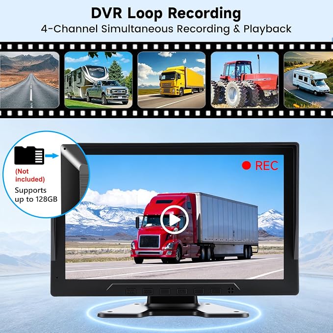 4-Camera Wired Backup Camera System for Truck & RV, 10.1" 1080P Quad Split Monitor, DVR Recording, Night Vision, Waterproof Vibration-Proof for Trailer, Tractor & Heavy Equipment