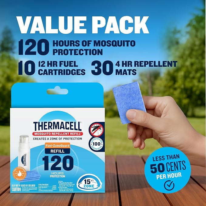 Thermacell Mosquito Repellent Refills; Provide 120 Hours of Protection; Contain 30 Repellent Mats, 10 Fuel Cartridges; Compatible with Any Fuel-Powered Mosquito Repeller Product