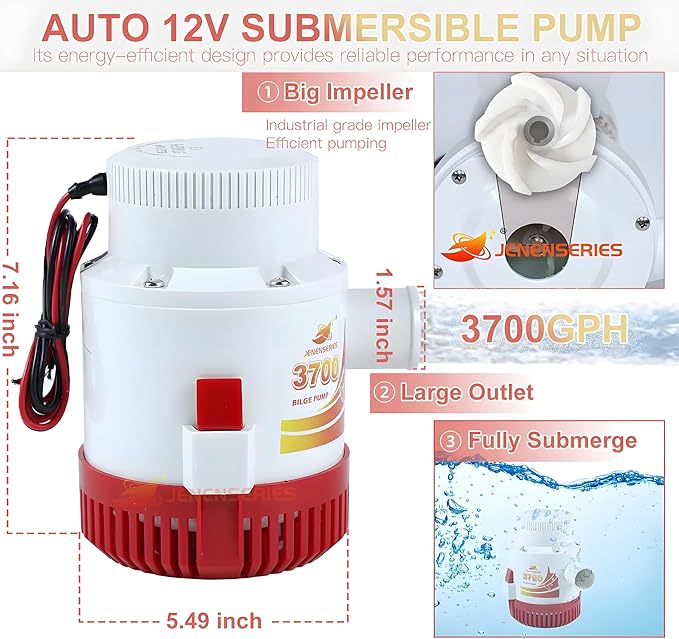 Submersible Boat 3700GPH Bilge Water Pump 12v DC water pump with float switch suitable for ferry, yacht, marine and garden drainage system (3700GPH)