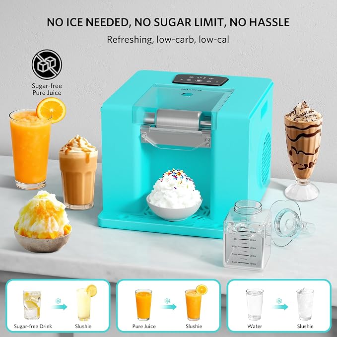 Shaved Ice Machine with Compressor | 60s Fast Fluffy Slushie & Snow Cone Maker | No Pre-Freezing | Sugar-Free Friendly | Self-Cleaning | 16oz Frozen Drink Maker for Home, Party & RV