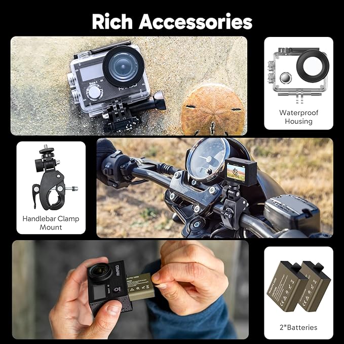 AKASO Brave 4 Action Camera 4K 30fps Ultra Hd Video 20MP Photo, EIS, WiFi Remote Control, 2X Batteries, Waterproof Underwater Camera for Snorkel, Travel, Motorcycle, Bicycle, Helmet Accessories Kit