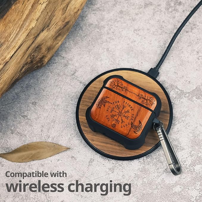 Carveit Wooden Case for AirPods 4 Case (2024) (USB-C) 4th Generation, Wood Artisan Engraved & TPU Shockproof Cover, Titanium Quick Released Clasp (The Guiding Vegvisir) Rosy