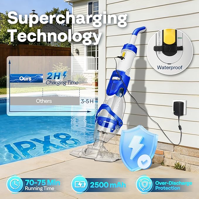 VIVOHOME 19.5GPM Handheld Pool Vacuum 75min Runtime 2.6L Filter | Powerful 40W Motor Suction Cordless Cleaner, Adjustable 8.2FT Pole for Above Ground & In-Ground Pools