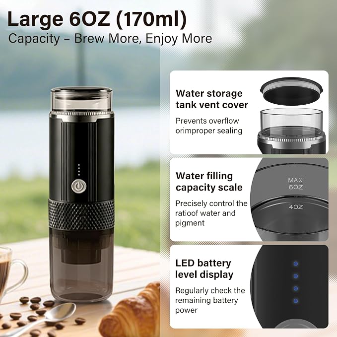 Portable Travel Coffee Maker, 3-in-1 Camping Coffee Machine with USB-C for Travel Car,Cordless Battery Powered,Rechargable,Compatible with Ground Coffee,Capsules,Tea, 6OZ Cup,Black,170ml