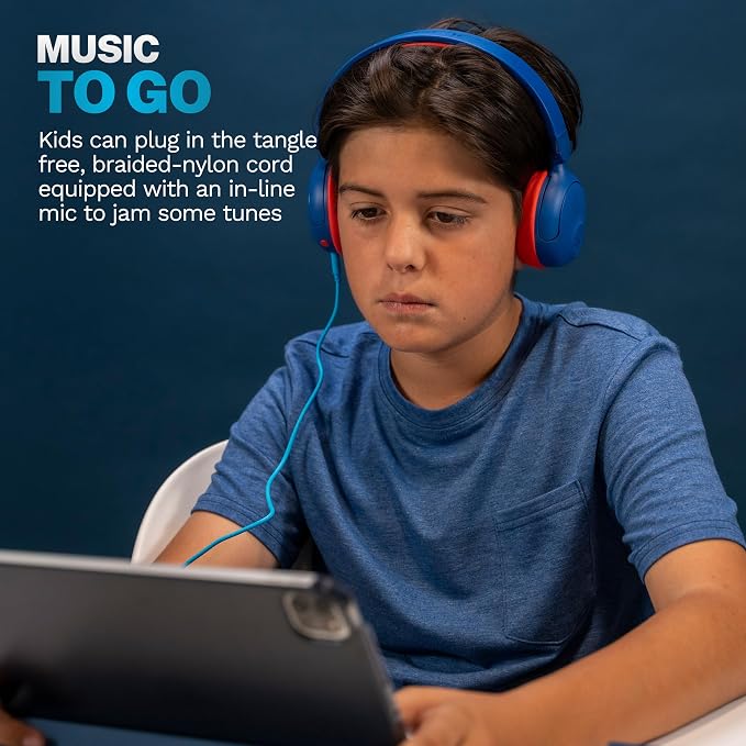 JLab, JBuddies ANC 2 in 1, Kids Headphones, Active Noise Cancelling, Wireless + Wired, Blue/Red