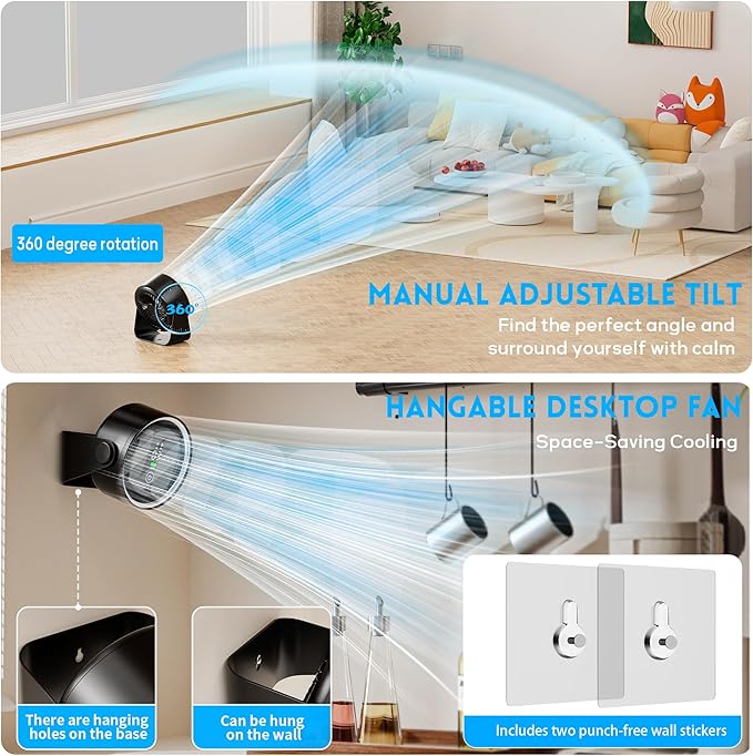 Small Desk Fan Battery Powered - Black Low Noise Quiet Portable Gentle Blowing without Headaches for Office Bedroom Sleep Living Room Table Top Wall Hanging Kitchen Travel Camping 5-Speed 360 Rotation