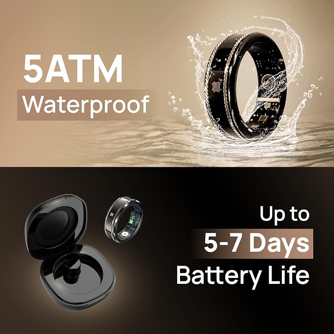 Pachira Smart Ring, Dual 14K Gold Inlays, Fitness/Sleep/Stress/Heart Rate/SpO2 Tracker, No App Subscription, 7-Day Battery Life, Size Before You Buy, Black (US Size 8.25)