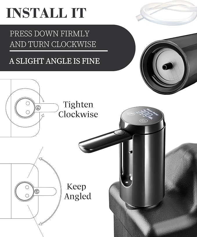 UPWOIGH Automatic Water Pump for Square Camping Water Jug, Screw-Lock Fit 1.97in (50mm) Outer Thread Only, Type-C Rechargeable Touch Dispenser, Black, Not for Standard Bottles