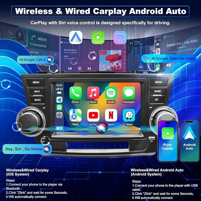 4Core 64G 5GWiFi Upgrade Car Radio for Toyota Highlander 2008-2013, Car Stereo Bluetooth Head Unit 8inch Touch Screen Radio Wireless Carplay Android Auto Backup Camera GPS FM （Only Fit Small Screen）