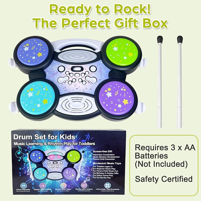 Sealive Baby Drum Set for 1 Year Old, Toy Drums for Toddlers 1-3 | with Lights, 2 Drumsticks, Adjustable Volume and Tempo, Baby Drum Toy for Sensory Music Play, Birthday Gift for Boys Girls