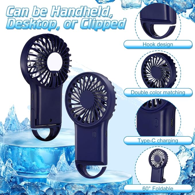 VIHOSE 4 Pcs Portable Hanging Fan, 3 Speeds Personal Rechargeable Desk Hand Held Small Fan with D Metal Hook for Cooling Small Personal Hands Outdoor Travel (Dark Blue)