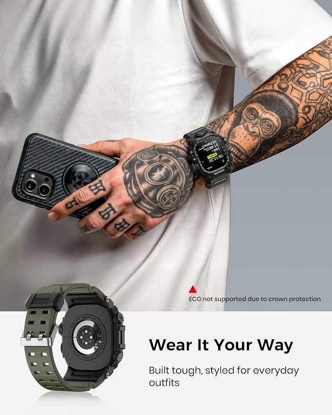 amBand Rugged Case with Band for Apple Watch Ultra 3/2/1 49mm, M3 Military Grade Shockproof Cover, Includes Screen Protector Kit, Tactical Band for Men - Compatible with iWatch Ultra, Army Green