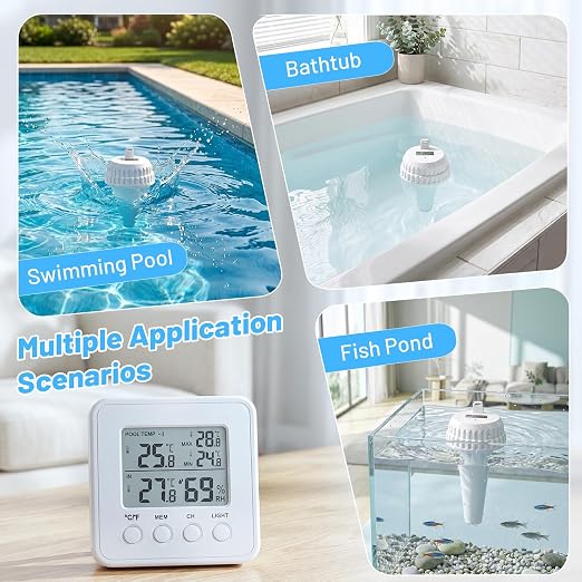 Wireless Pool Thermometer Floating with Indoor Receiver, IP67 Waterproof Digital Water Temperature Sensor with Backlight Screen, 260ft Range Remote Monitor for Pool, Hot Tub, Spa, and Indoor Humidity