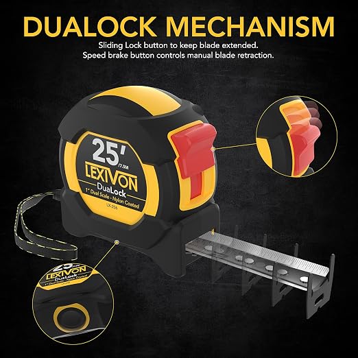 LEXIVON [3-Pack] 25Ft/7.5m DuaLock Tape Measure | 1-Inch Wide Blade with Nylon Coating, Matte Finish White & Yellow Dual Sided Rule Print | Ft/Inch/Fractions/Metric (LX-206X3)