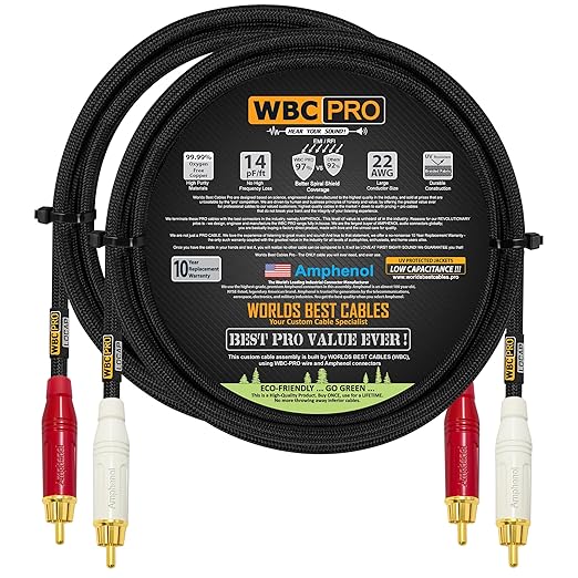 2.5 Foot RCA Cable Pair - WBC-PRO-LOCAP Low-Capacitance (14pF/ft) 22 AWG Ultra-Silent Audiophile & Professional-Grade Audio Interconnect Cable with Amphenol ACPR Gold RCA Plugs & Black Tweed Jacket