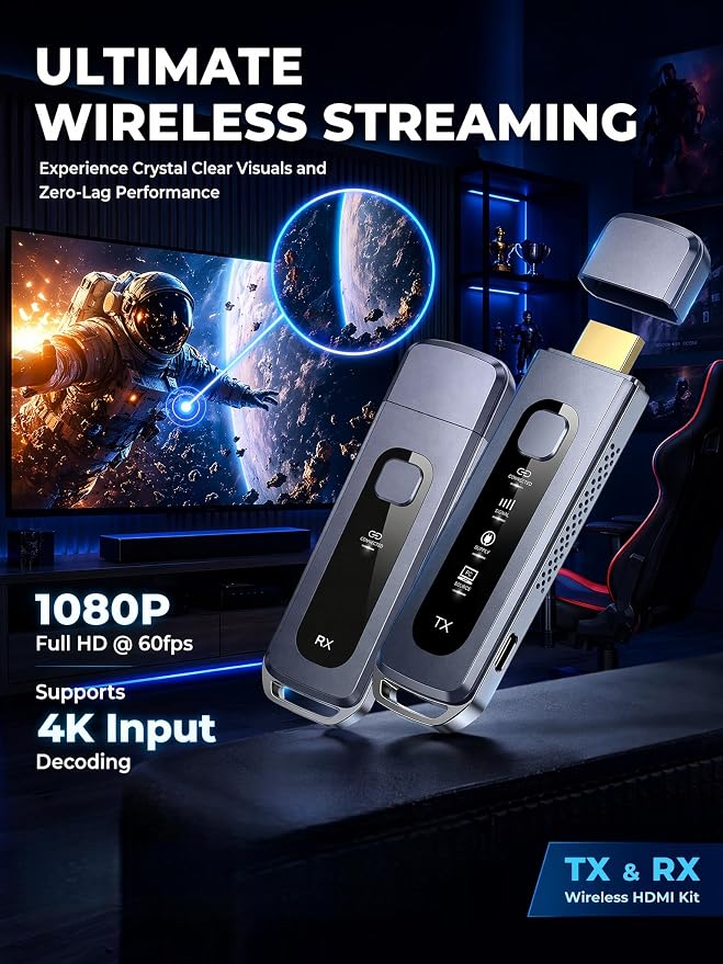 Wireless HDMI Transmitter and Receiver 165FT/50M, No WiFi Required, Plug & Play, Dual-Band 5G/2.4G, 4K Decoding 1080P@60Hz Low Latency, HDMI Extender for TV, Projector, Home Theater, Gaming