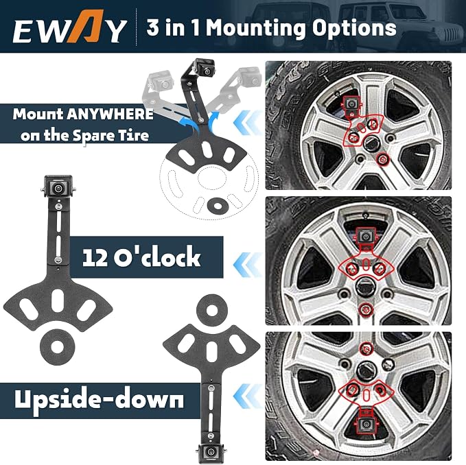 EWAY Light 2.0 Spare Tire Reverse Backup Camera for Jeep Wrangler JK Compass Commander Patriot Liberty 2007-2018, Upgrade Ajustable Brackets for Flexible Angle, Hitch Camera with 90° Ajustable Angle