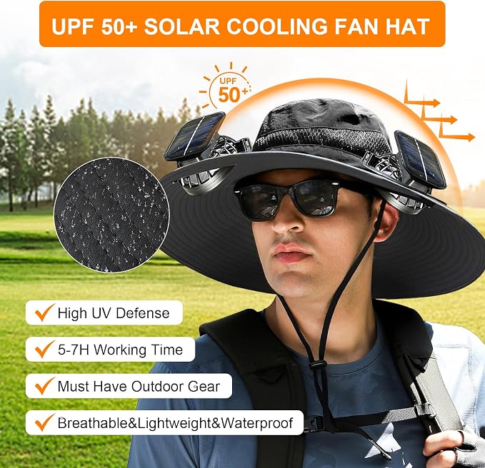Solar Fan Hat Wide Brim Sun Hat with 2 Solar Fan, Solar Powered & USB Charging Hat Fishing Hat with Fan for Men