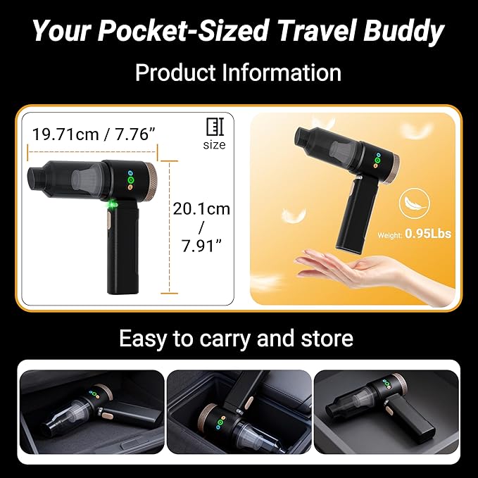 GcdPai Car Vacuum Portable Cordless 18000PA High Power Handheld Vacuum Cleaner, Mini Cordless Rechargeable Vacuum with LED Light and Multi-Nozzles for Car, Home Office, Keyboard, Pet (Black Gold)
