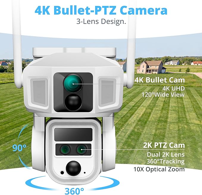 4G Cellular Security Camera, 4K Wireless Outdoor Solar Cam 3 Lens, LTE or WiFi 2 Mode, 10x Optical Zoom, 360° PTZ AI Tracking, Local Storage & 64G SD Card Included, 12000mAh 9W Bullet-PTZ Cam