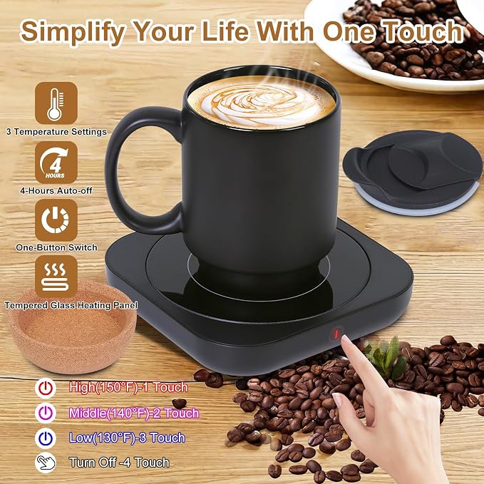 Coffee Mug Warmer & Mug Set for Desk, Electric Coffee Cup Warmer with Ceramic Mug, Smart Heated Coffee Mug with Auto Shut Off for Office/Home, Christmas/Birthday/Coffee Gifts for Men & Women, Black