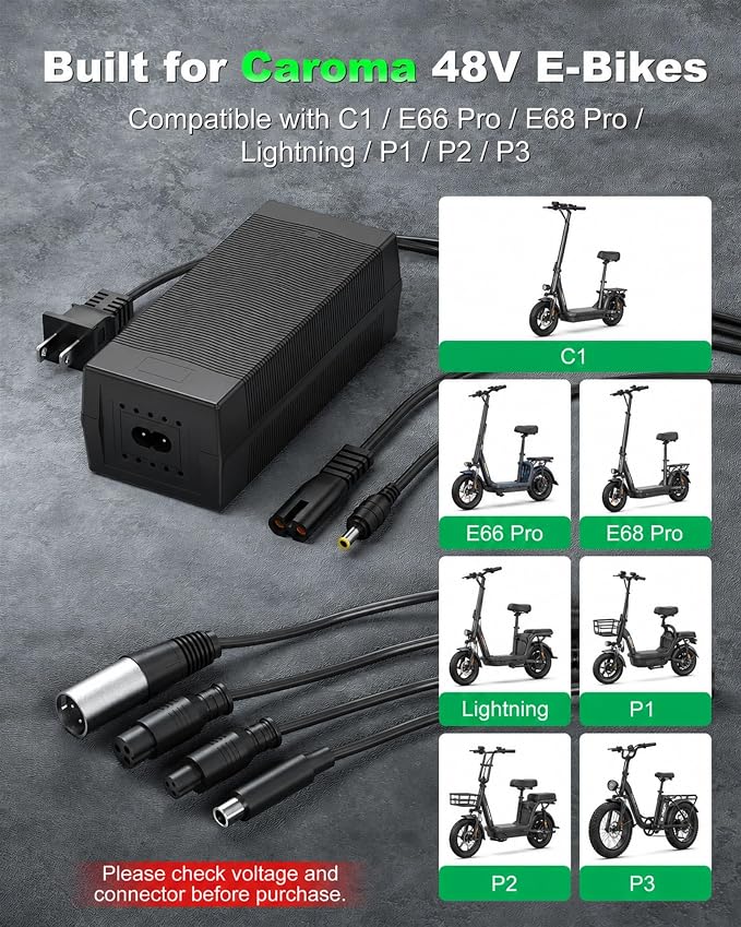 VHBW 54.6V 2A Charger Compatible with Caroma C1, E66 Pro, E68 Pro, Lightning, P1, P2 and P3 Electric Bikes, 5 Connector Tips, ETL Listed, 8.2 ft Cable, LED Indicator