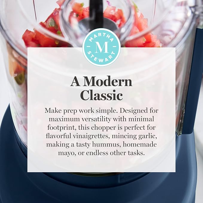 Martha Stewart 3 Cup Electric Food Chopper, Vegetable & Herb Mini Food Processor, 24oz BPA-Free Bowl, Stainless Steel Blades, Pour Spout, Dicing, Mincing, Chop & Puree, Dishwasher Safe, Indigo Blue