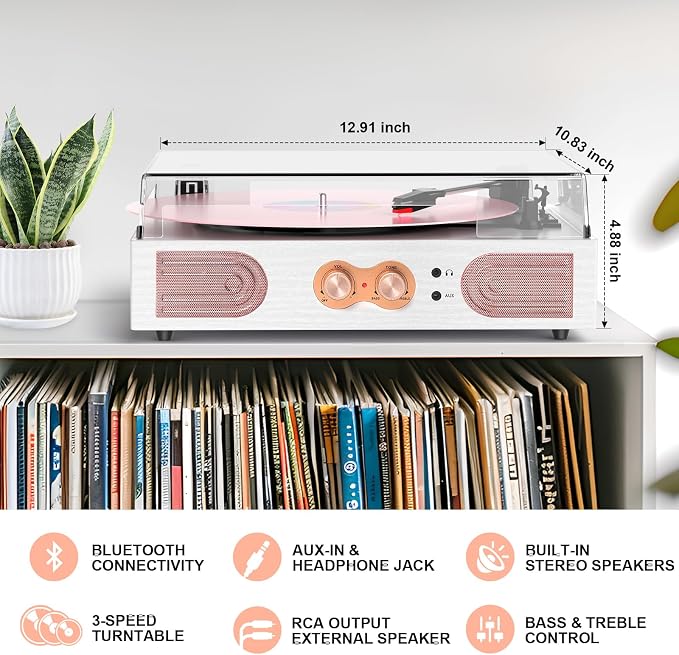 Vinyl Record Player with Built-in Speakers 3-Speed Vintage Record Player Support Treble& Bass Control, 3.5mm Headphone Jack, RCA-Out/Aux in, Belt-Driven LP Turntable,White Rose Gold