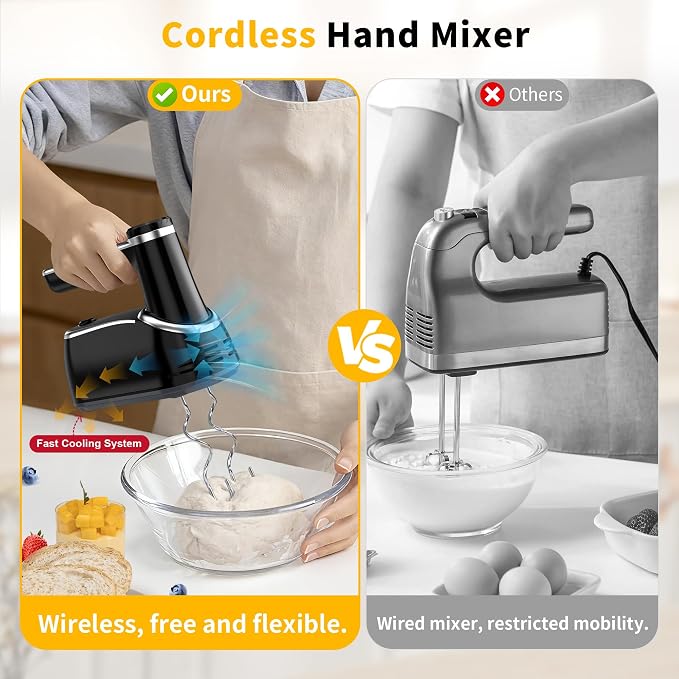 binROC Cordless Electric Hand Mixer, 12-Speed Rechargeable Handheld Mixer with Eject Button, 6 Stainless Steel Attachments, Snap-On Storage Case, LED, Self-Stand for Baking, Cake, Dough, Egg (Black)