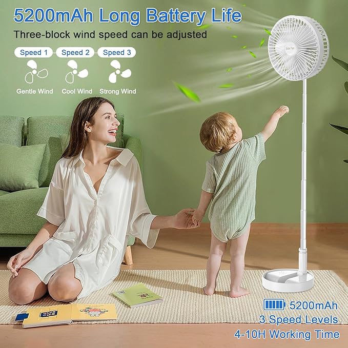 Portable Standing Fan with Solar Panel, Battery & Solar Powered Fan for Travel, 8" Rechargeable USB Foldable Compact Pedestal Fan, 3 Speeds Quiet Telescopic Desk Fan for Home Bedroom Camping