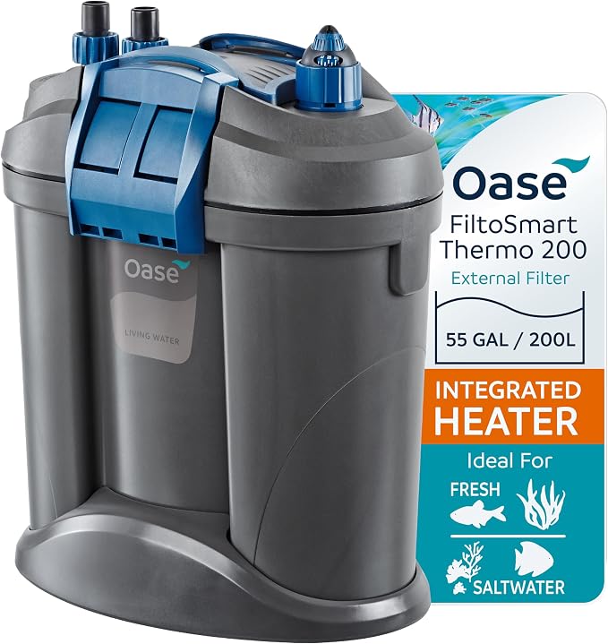Oase FiltoSmart Thermo 200 Canister Filter for Aquariums – Quiet, Space-Saving External Multi-Stage Filter, Integrated Heater, No-Mess Maintenance, For Freshwater & Saltwater Tanks Up to 55 Gallons