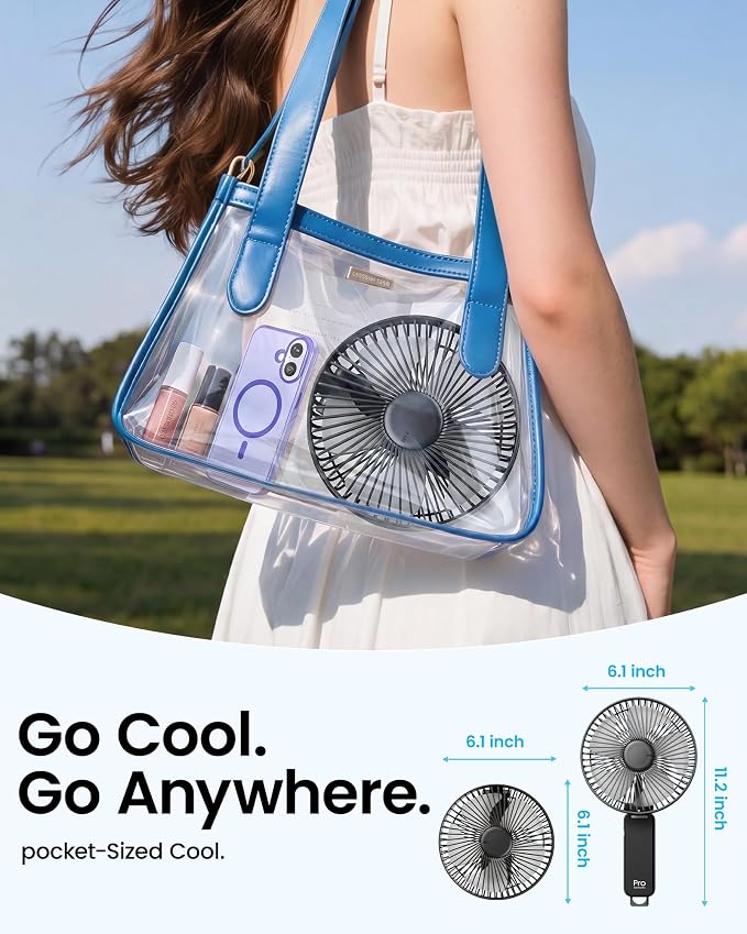 6-Inch Large Handheld Fan, 6000mAh Portable Rechargeable Fan with LED Battery Display & 10H Runtime, 180° Foldable Quiet USB-C Fan, 5 Speeds Brushless Motor for Travel Office Outdoor Makeup