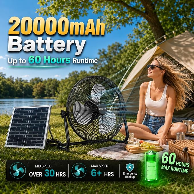 18" Solar Powered Fan - Rechargeable Floor Fan with Solar Panel & AC Charging, 60H Runtime Battery, Cordless Portable Outdoor Fans for Home Camping RV Patio Gazebo Greenhouse Power Outage