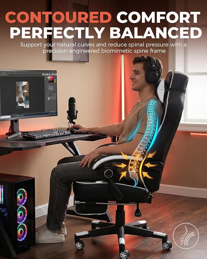 GTPLAYER Gaming Chair with Footrest, Big and Tall Game Chair 350lb Racing Style Computer Chair, Ergonomic Executive Office Chair High Back with Lumbar Support and Recliner, White