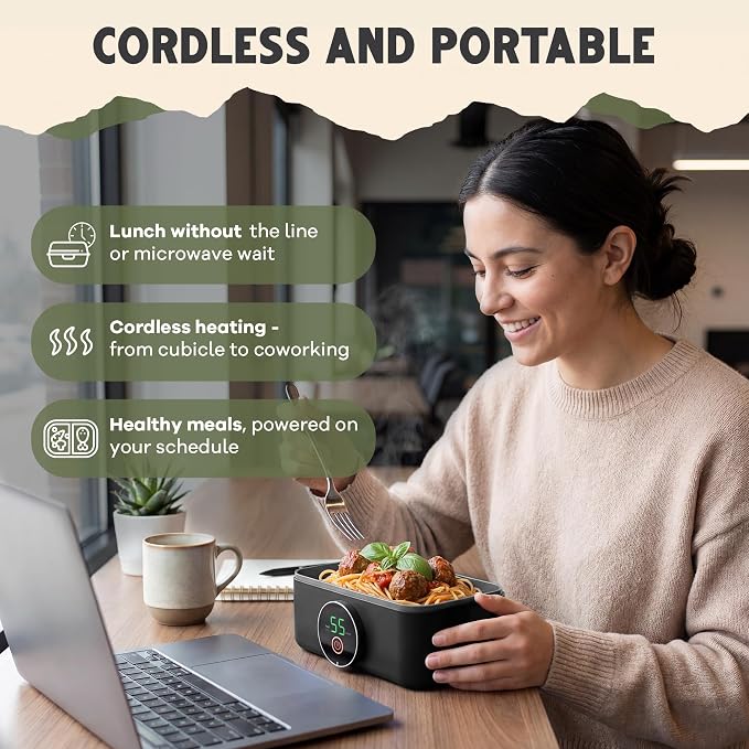 Oaktiv Lunch Box Warmer, Electric Heated Lunch Box for Adults, 4-Cup Cordless Portable Food Warmer with Scheduled Timer, Rechargeable with Insulated Bag