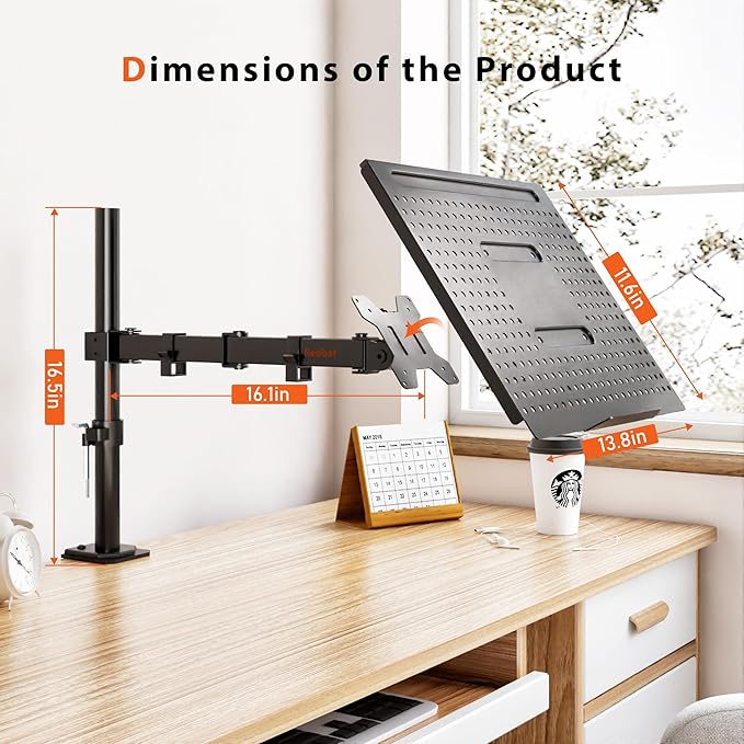 Redbat Laptop Arm for Desk, Fully Adjustable Monitor Arm with Vented Tray for 13" to 32" LCD Screens and Notebook up to 17", Holds up to 22lbs, VESA 75/100 Compatible, Dual Mounting Options