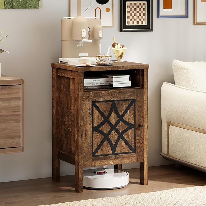 Giantex Robot Vacuum Storage Cabinet, Farmhouse End Table with Anti-Tipping Device, Anti-slip Foot Pads, Nightstand, Space-Saving Sweeping Robot Stand for Small Space, Bedroom, Kitchen, Office (Brown)