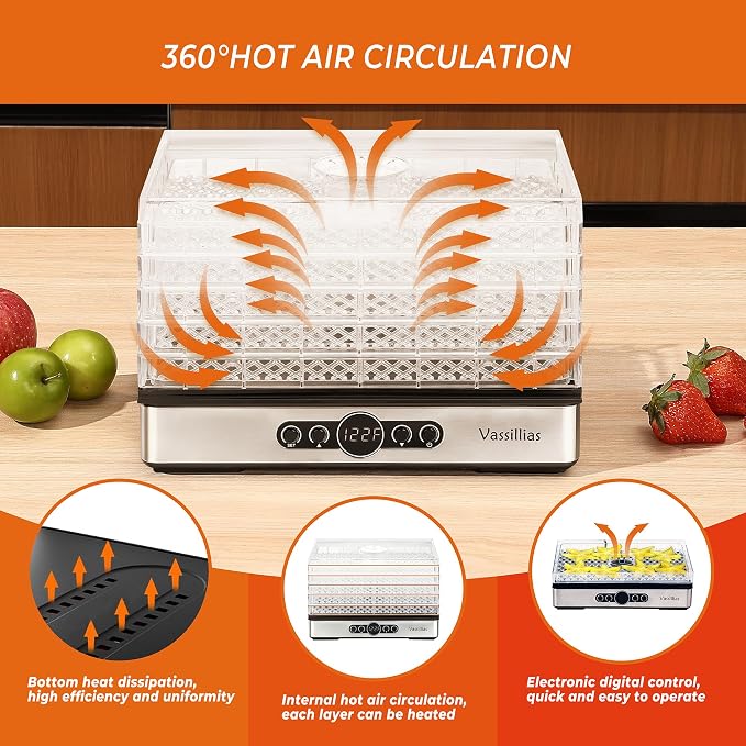 Food Dehydrator Dryer - Dehydrator for Healthy Food, Meat, Jerky, Fruit, Vegetable, Mushroom and Herb, 400W, 158°F, Mini Dryer with 5 BPA-Free Drying Racks and Slide Out Tray, White, Model 904