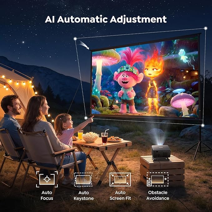 Smart Projector [Bundled with Google TV Stick & 4K Support] with WiFi and Bluetooth, Portable Mini Movie Short Throw Projector Outdoor with Built-in Apps Auto Focus for Home Theater Bedroom Ceiling