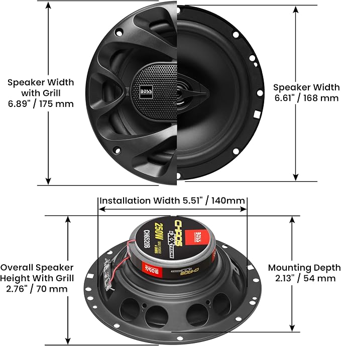 BOSS Audio Systems CH6520B 6.5 Inch Car Door Speakers - 250 Watts Max (Pair), Coaxial, 2 Way, Full Range, 4 Ohms, Sold in Pairs, Bocinas para Carro (Pack of 2)