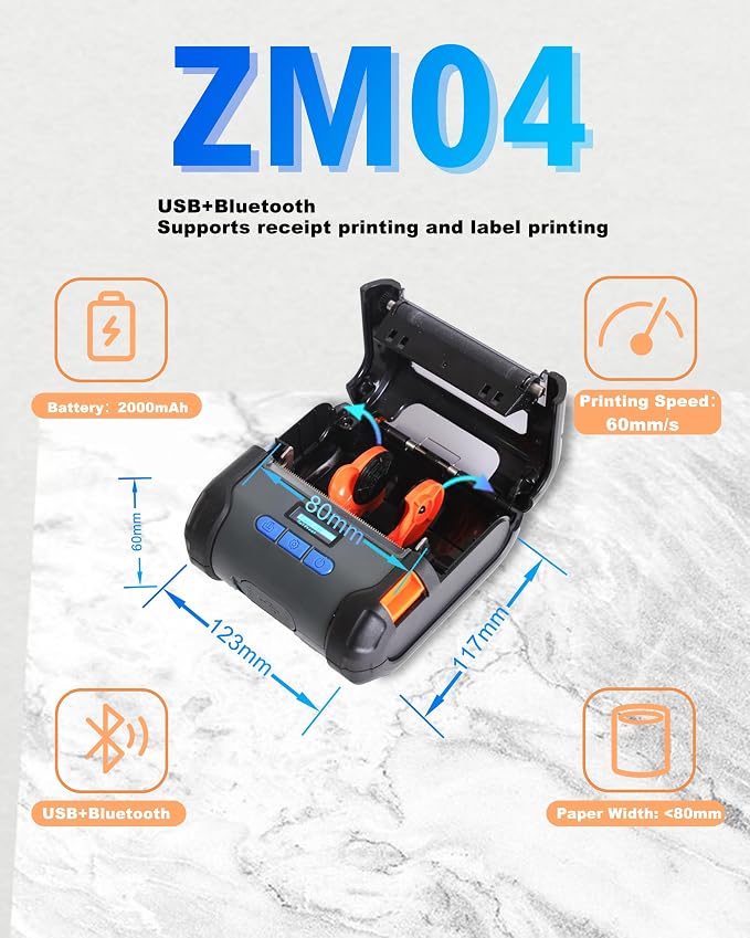 ZYWELL ZM04 2.0 Bluetooth Thermal Receipt Print & Label Print Two-in-One,Works with Android Square Supprot 58mm/80mm,NO iOS/WiFi
