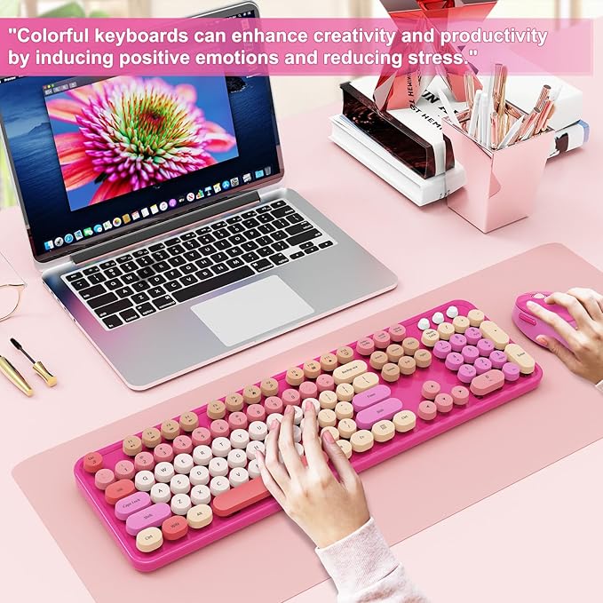 SkyGive Wireless Keyboard and Mouse Combo, Ergonomic Full Size Typewriter Retro Round Keycaps Keyboard, Compatible with Windows, PC, Perfer for Home and Office Keyboards （Red）
