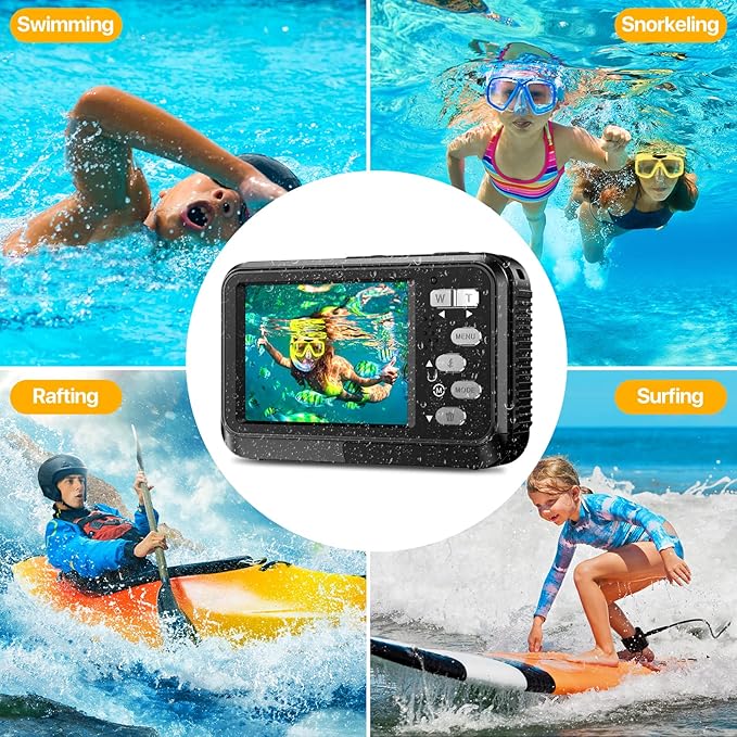 4K Underwater Camera with 64GB Card, 11FT Waterproof Camera Dual-Screen Selfie Underwater Cameras for Snorkeling 16X Digital Zoom Waterproof Digital Camera 2 Batteries (Black)